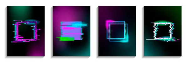 Conjunto Quadrados Falha Com Efeito Neon Formas Distorcidas Ilustração Vetorial —  Vetores de Stock