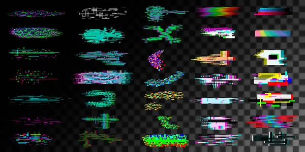 Grande Conjunto Elementos Efeito Glitch Fundo Transparente Vector —  Vetores de Stock