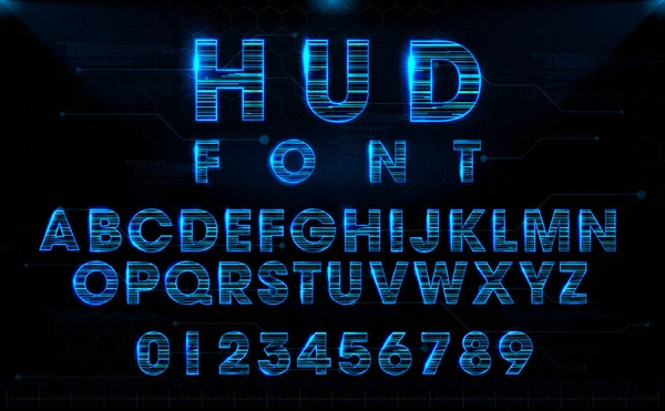Fütüristik Hud mavi vektör yazı tipi tasarımı. Hologram etkisi olan İngilizce harfler ve sayılar. Dijital yüksek teknoloji tarzı semboller. Başlıklar, etiketler, posterler, kapak, vb. için tipografi tasarımı.