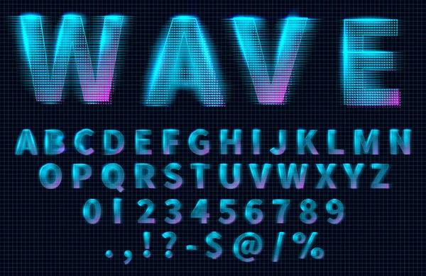 Fütüristik retrowave yazı tipi. Hud hologram harfleri, sayılar ve semboller, synthwave ve retrowave müzik