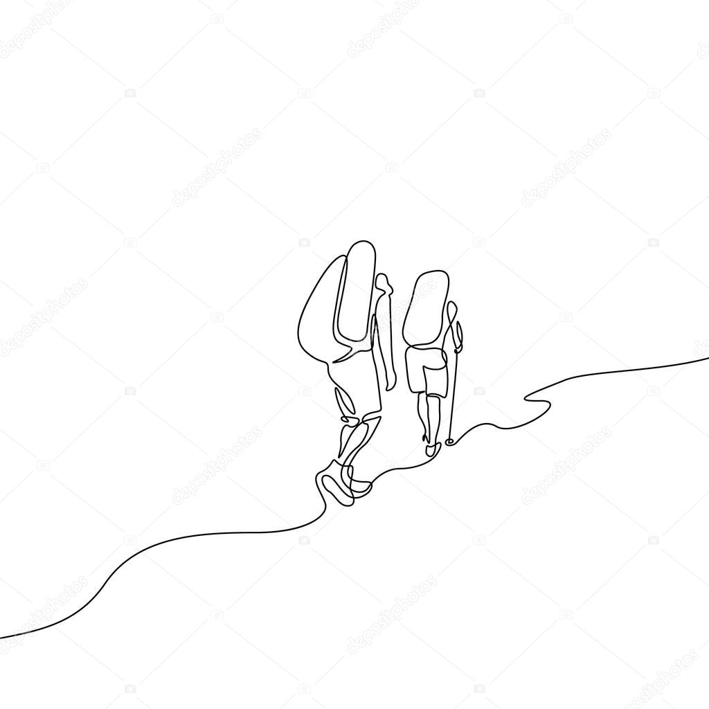 Continuous one line drawing two travelers hiking