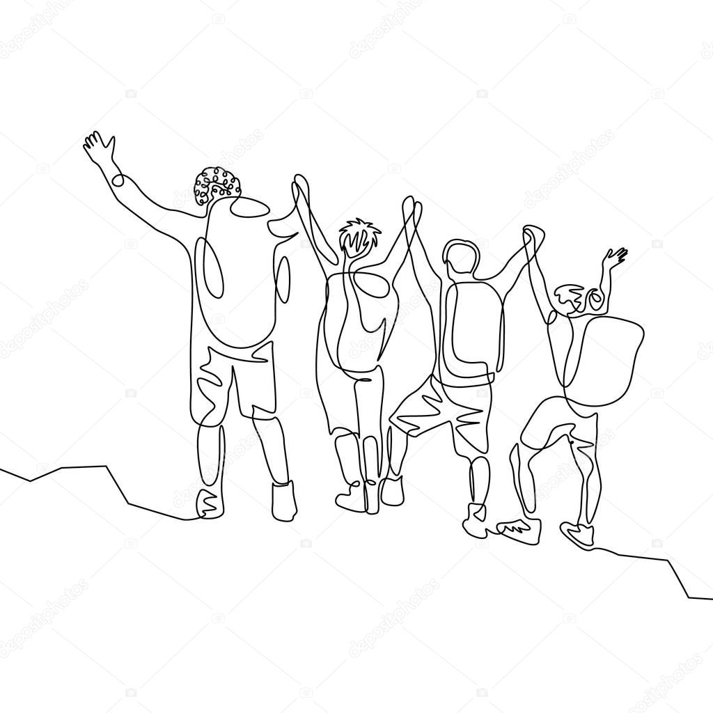 Continuous one line drawing group of travelers with hikings backpacks reach the goal. Teamwork concept