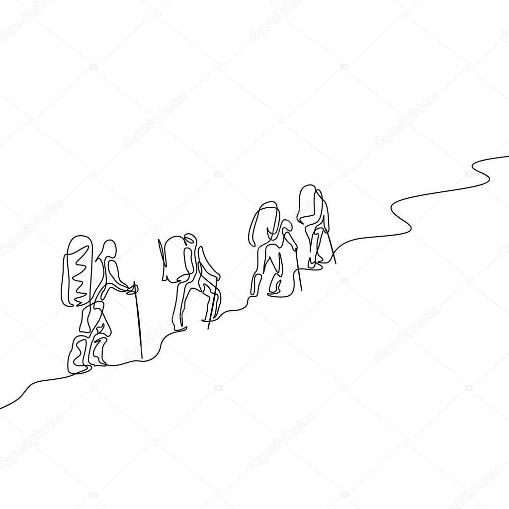 Continuous one line drawing group of four travelers hiking in the mountains