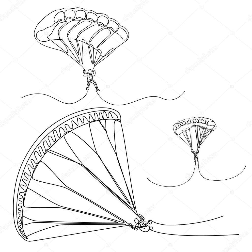 Continuous line set of Parachutist, skydivers, Vector parachut jumper