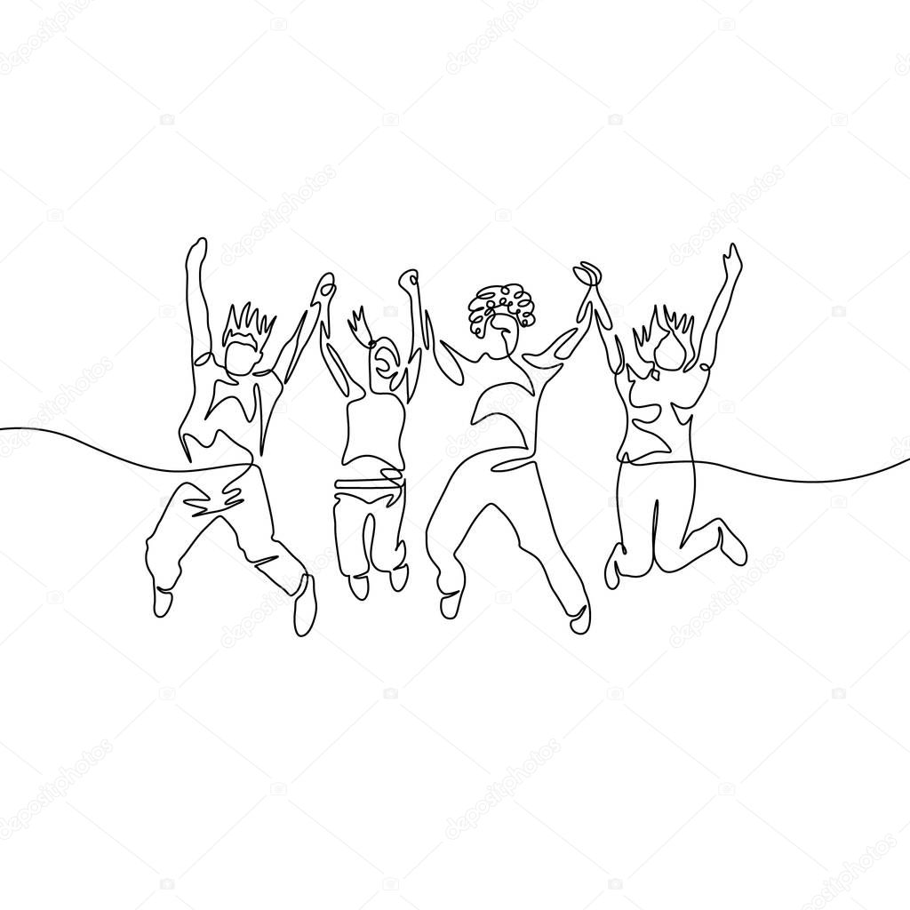 Continuous one line drawing jumping diversity group 
