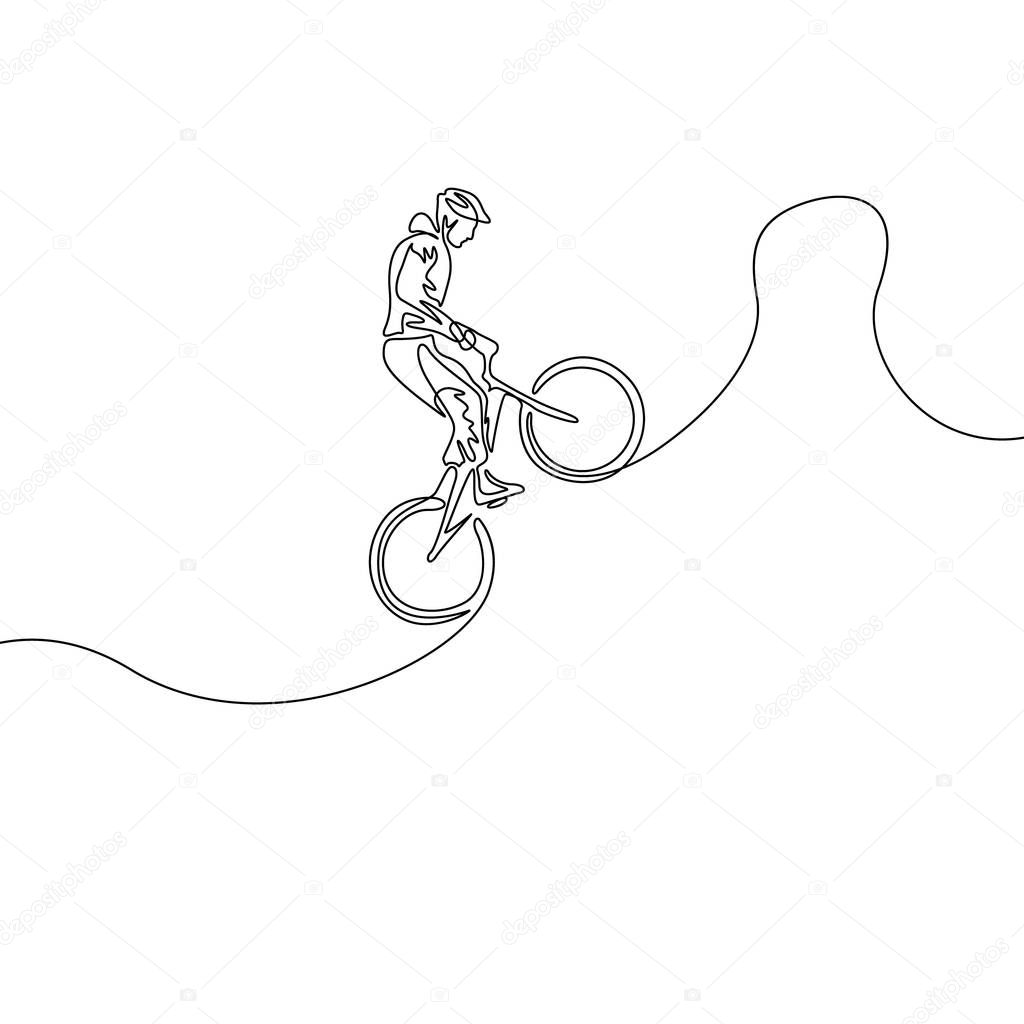 Continuous one line cyclist in a helmet jump a bicycle