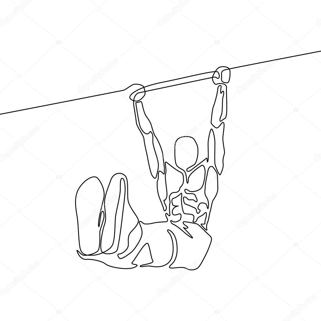 Continuous line athlete hanging on horizontal bar and holds the corner with his feet