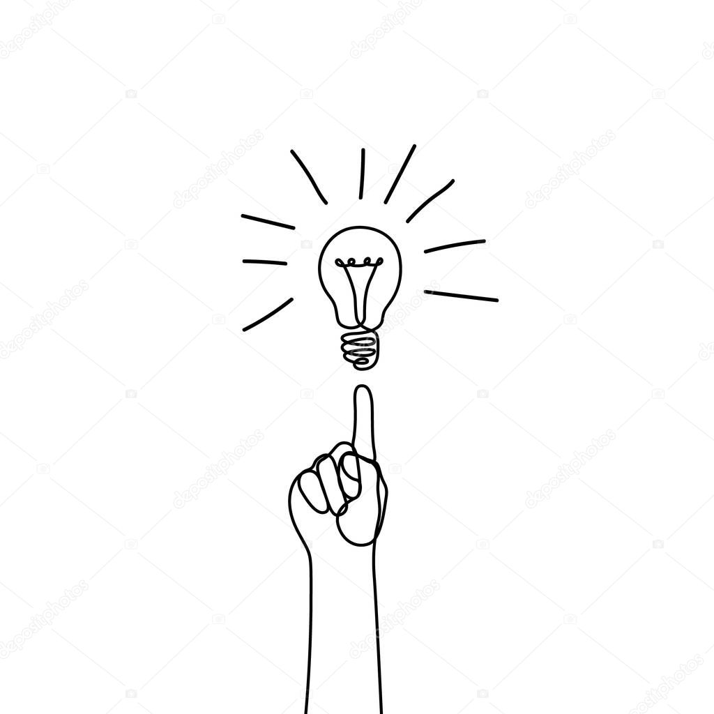 Continuous one line hand raised index forefinger and light bulb is on