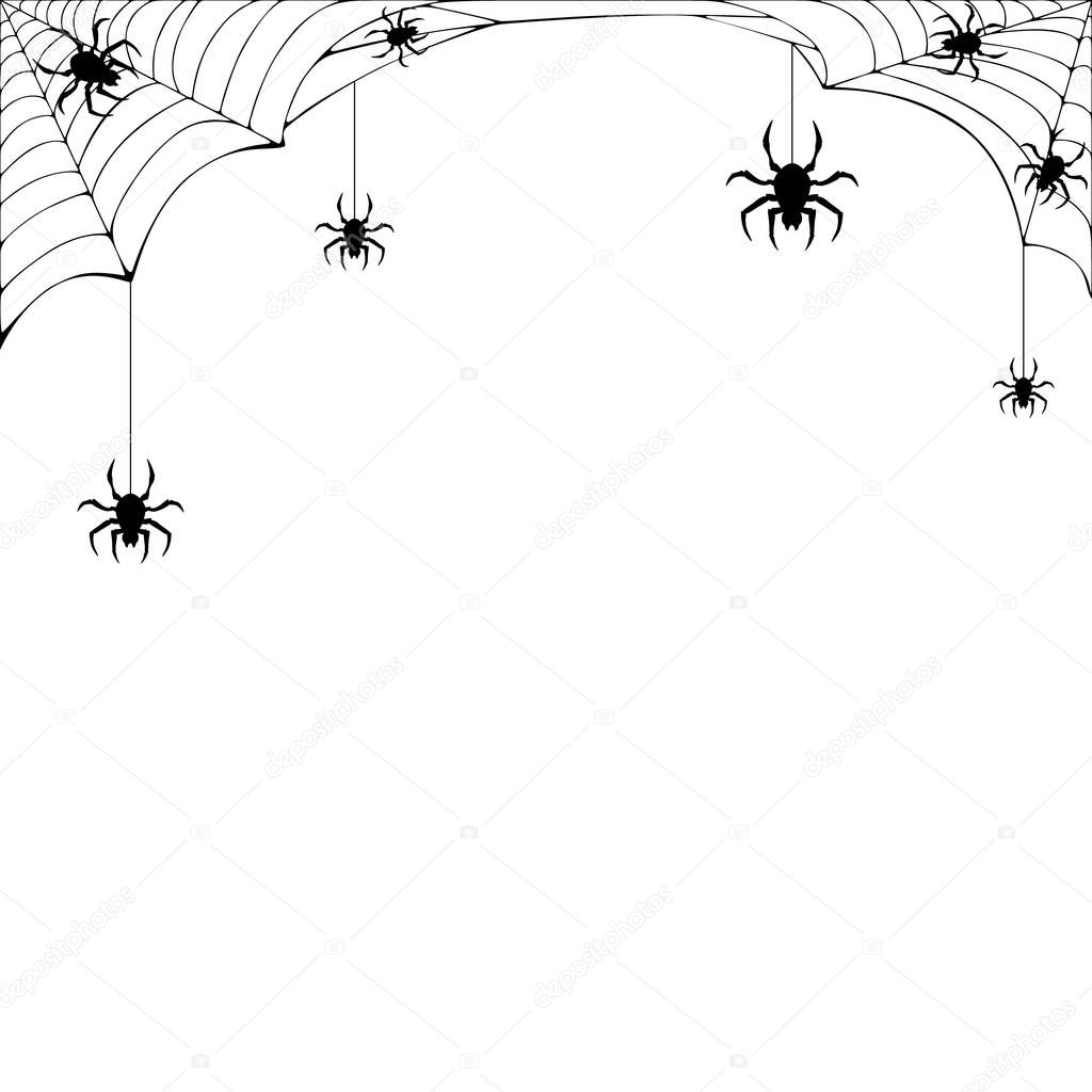 Halloween template with text place. Silhouettes of cobweb with hanging spiders isolated on white background. Vector illustration.