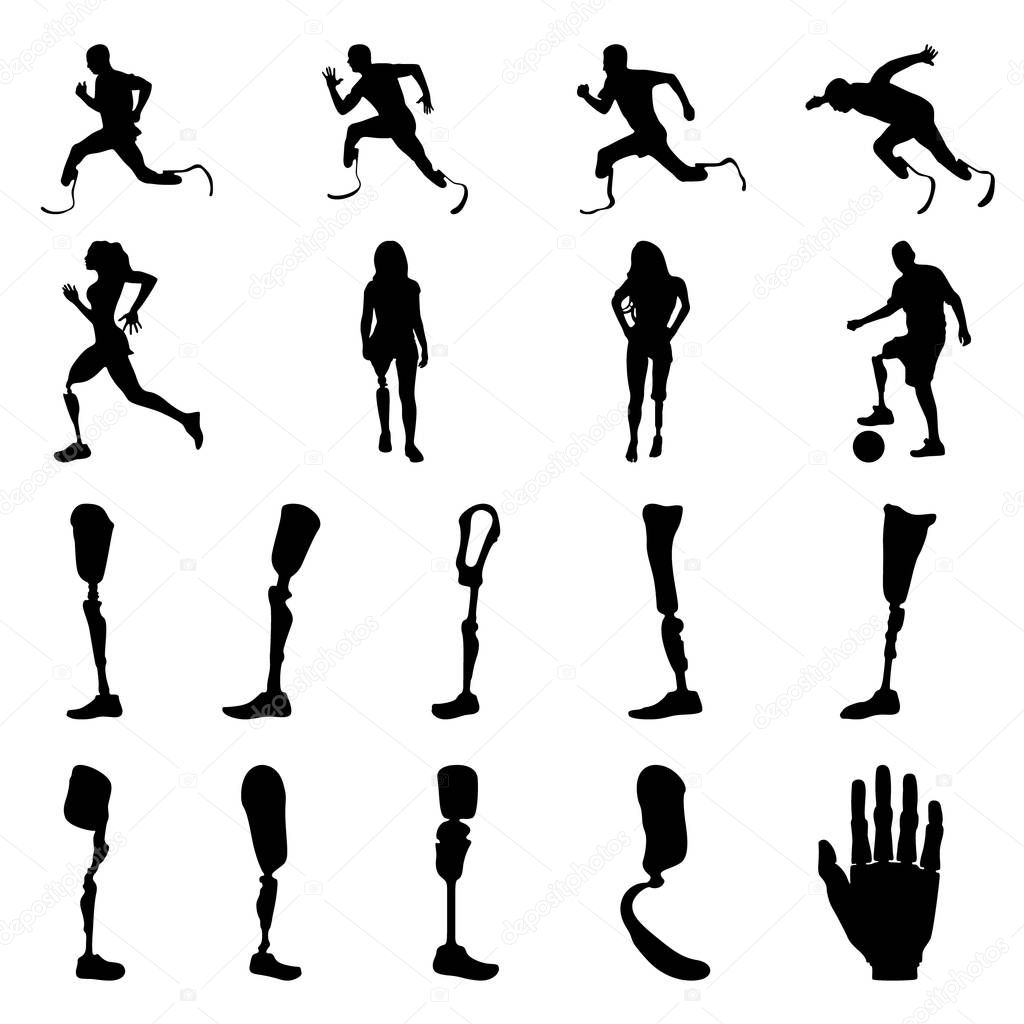 Silhouettes of amputee people with artificial limb. Silhouettes of prosthetic legs and arms. Vector.