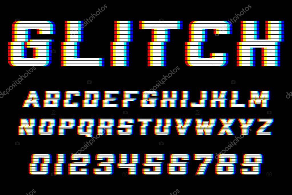 Glitch alphabet. Font with distortion effect.  Letters and numbers for electronics sale. Glitch effect. Green and red channels.