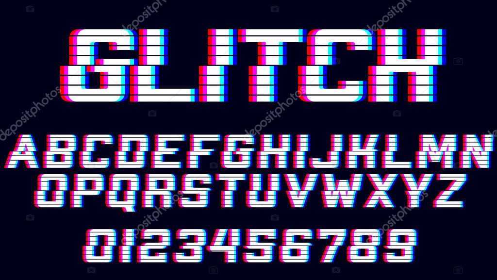 Glitch alphabet. Font with distortion effect.  Letters and numbers for electronics sale. Glitch effect. Blue and red channels.