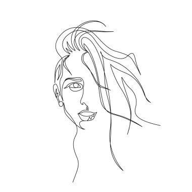 Güzel uzun saçlı kadın sürekli bir satır portre. Madde
