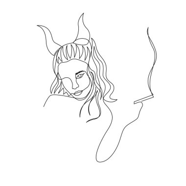 Continuous one line devil woman with horns smoke cigarette. Art vector Continuous one line devil woman with horns smoke cigarette. Art vector