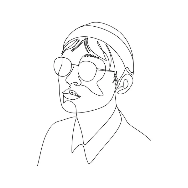 Retrato continuo de una línea de hombre en gafas y gorra. Art. — Vector de stock