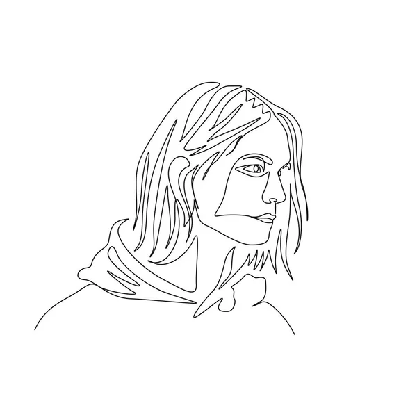 Retrato continuo de una línea del hombre con capucha y pelo largo. Art. — Vector de stock