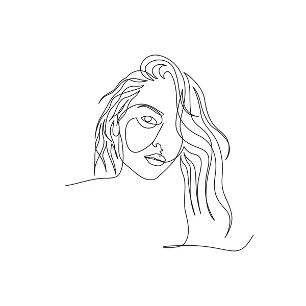 Cara de mujer continua de una línea con cabello largo y hermoso. Art. — Vector de stock