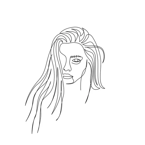 Una línea continua cara de mujer bonita con el pelo largo. Art. — Vector de stock