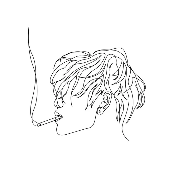 Continuo hombre de una línea con el pelo ondulado fumar cigarrillo, vista lateral. Art. — Archivo Imágenes Vectoriales