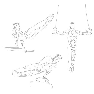 Sürekli bir çizgi jimnastikçi çeşitli egzersiz seti yapıyor. Yaz Olimpiyat Oyunları. Vektör