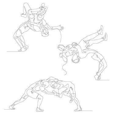 Sürekli bir çizgi güreşçiler ayarlayın. Güreşçi suplex yapıyor. Güreş teması. Yaz Olimpiyat Oyunları. Vektör