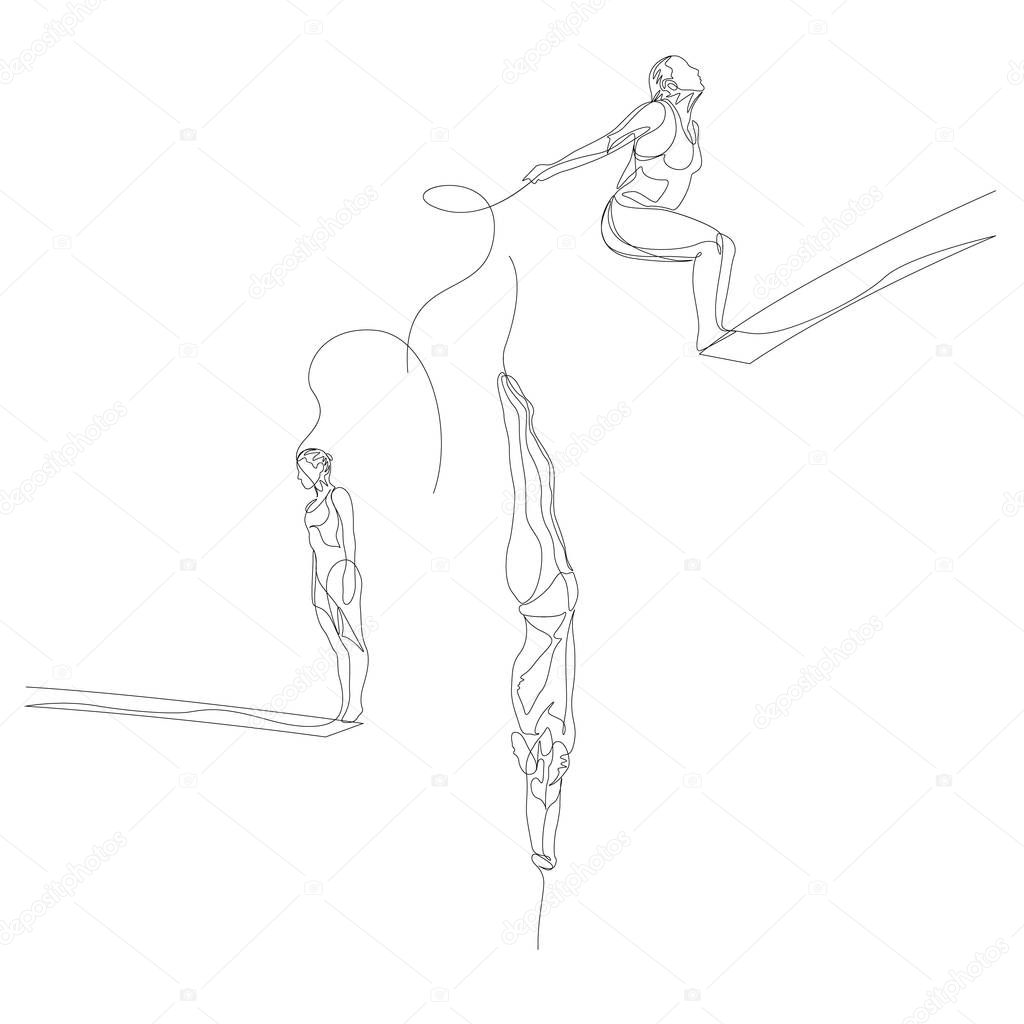 Continuous one line athlete jump in water or fall in water set. Summer Olympic Games. Vector