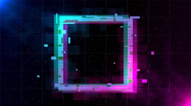 Retrowave Glitch Meydanı duman ile pırıl pırıl ve mavi ve mor parLar.