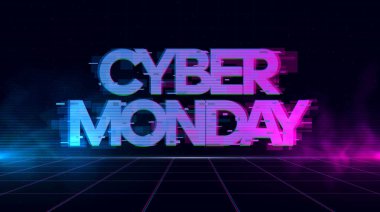 Duman ve parçacıklar ile mavi ve mor parlar ile Cyber Pazartesi Retrowave Glitch afiş.