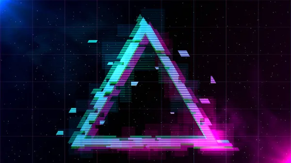 Retrowave Glitch Triangle with sparkling and blue and purple glows with smoke. — Stock Vector