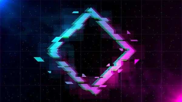 Retrowave Glitch Rhombus with sparkling and blue and purple glows with smoke. — Stock Vector