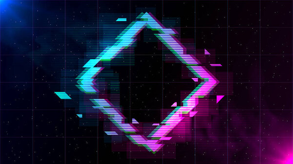 Retrowave Glitch Rhombus with sparkling and blue and purple glows with smoke.