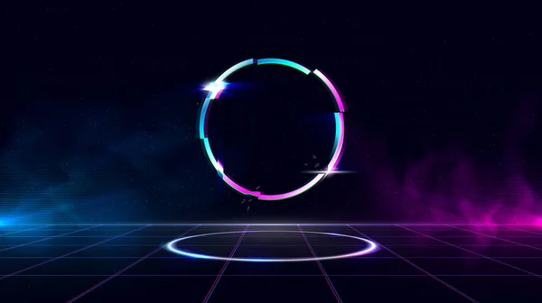 Retmicrowave background with sparkling glitched circle and blue and purple glows with smoke . — стоковый вектор