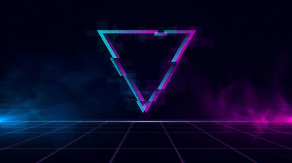 Retrowave bakgrund med gnistrande glitched triangel och blått och lila lyser med rök. — Stock vektor