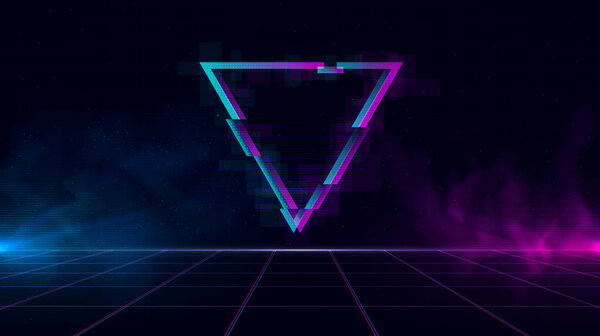 Retrowave background with sparkling glitched triangle and blue and purple glows with smoke.