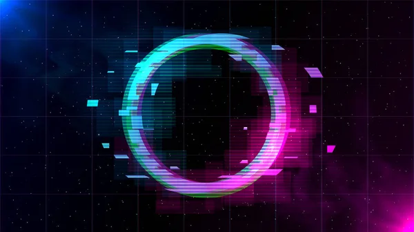 Retrowave Glitch Circle with sparkling and blue and purple glows with smoke. — Stock Vector