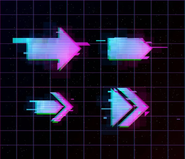 Synthwave vaporwave retrowave glitch pfeile, zeiger, richtung festgelegt. Glitch Designelemente für Poster, Flyer, Cover, Web, Banner. Folge 10 — Stockvektor