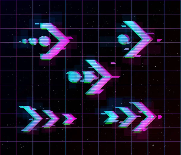 Synthwave vaporwave retrowave Glitch Arrows, pointers, direction Set. Glitch design elements for poster, flyer, cover, web, banner. Eps 10 — Stock Vector