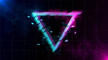 Synthwave Vaporwave Retrowave Glitch Üçgen mavi ve pembe lazer ızgara uzay arka plan üzerinde duman ve parçacıklar ile parlar. Poster, kapak, web, afiş, duvar kağıdı için tasarım.