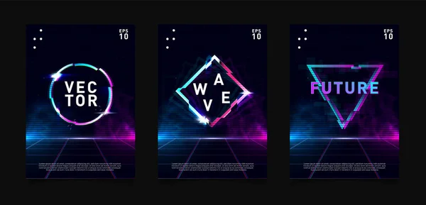 Retrowave vaporwave synthwave Círculo, triángulo y rombo con efecto glitch, rejilla láser y reflejos. Diseño de póster, volante, portada, folleto, tarjeta, invitación del club. Eps 10 — Archivo Imágenes Vectoriales