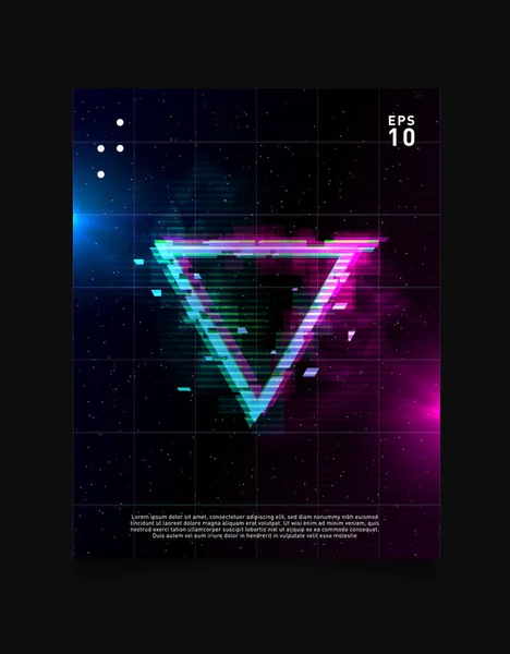 Efek gangguan segitiga terbalik pada kisi-kisi laser ruang angkasa dengan warna biru dan merah muda dan asap. Retrowave desain synthwave untuk poster, selebaran, penutup, brosur, kartu, undangan klub . - Stok Vektor