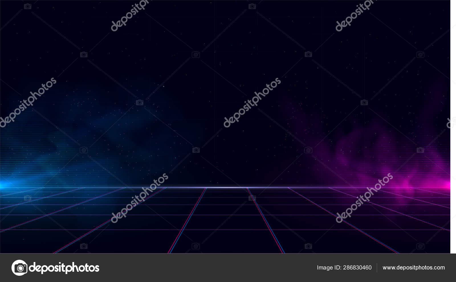 Synthwave Vaporwave Retrowave Cyber Background With Copy Space Laser Grid Starry Sky Blue And Purple Glows With Smoke And Particles Design For Poster Cover Wallpaper Web Banner Etc Vector Image By C