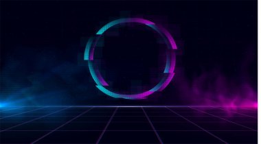 Pırıl pırıl glitch daire ile Synthwave vaporwave retrowave siber manzara, lazer ızgara, duman ve parçacıklar ile mavi ve mor parlar. Poster, kapak, duvar kağıdı, web, afiş için tasarım.