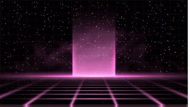 Synthwave vaporwave retrowave pembe arka plan ortasında büyük parlaklık ile, lazer ızgara, yıldızlı gökyüzü ve pembe duman. Poster, kapak, duvar kağıdı, web, afiş, vb için tasarım.