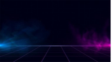 Kopya alanı ile Synthwave vaporwave retrowave retrowave siber arka plan, lazer ızgara, yıldızlı gökyüzü, duman ve parçacıklar ile mavi ve mor parlar. Poster, kapak, duvar kağıdı, web, afiş, vb için tasarım.