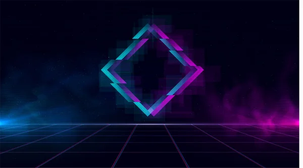 Synthwave vaporwave retrowave cyber landscape with sparkling glitch rhombus, laser grid, blue and purple glows with smoke and particles. Design for poster, cover, wallpaper, web, banner. — Stock Vector