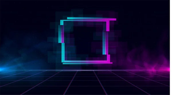 Synthwave vaporwave retrowave cyber landscape with sparkling glitch square, laser grid, blue and purple glows with smoke and particles. Design for poster, cover, wallpaper, web, banner. — Stock Vector