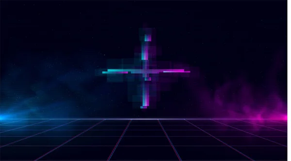 Synthwave vaporwave retroonda paisagem cibernética com cruz glitch espumante, grade de laser, azul e roxo brilha com fumaça e partículas. Design para cartaz, capa, papel de parede, web, banner . —  Vetores de Stock