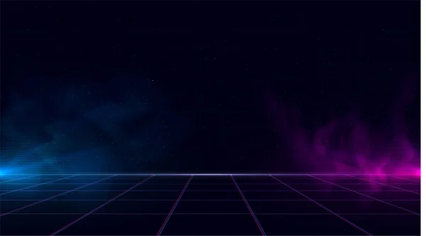 Synthwave vaporwave retmicrowave cyber background with copy space, laser grid, starry sky, blue and purple glows with smoke and particles. Дизайн плаката, обложки, обоев, паутины, баннера и т.д. . — стоковый вектор