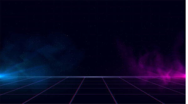 Synthwave vaporwave retmicrowave cyber background with copy space, laser grid, starry sky, blue and purple glows with smoke and particles. Дизайн плаката, обложки, обоев, паутины, баннера и т.д.
.