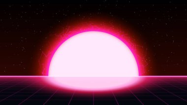 Retrowave synthwave vaporwave, uzayda büyük elektrik güneş ile pembe renkli lazer ızgara manzara doymuş. Yıldırım ile retrofütüristik günbatımı.